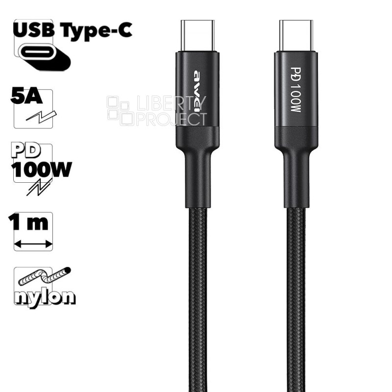 USB-C кабель AWEI CL-117T Type-C, 5А, PD100W, 1м, нейлон (черный)