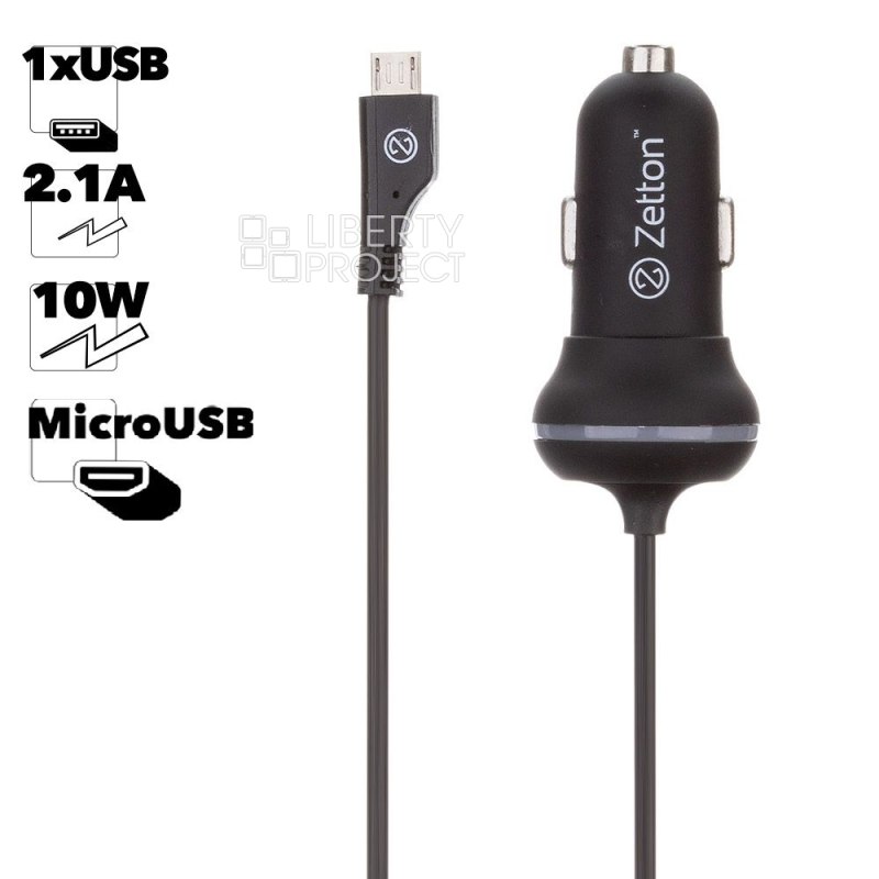 Автомобильное зарядное устройство (АЗУ) с кабелем Micro USB и выходом USB ток зарядки 2.1А Zetton ZTCC2AMC