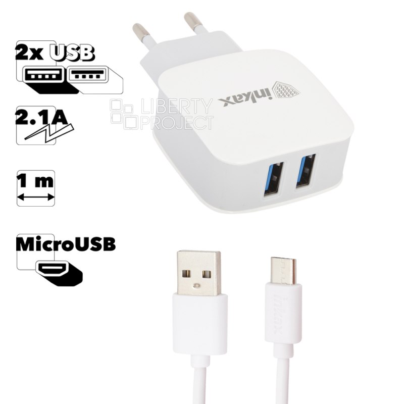 СЗУ inkax CD-28 Nice Trip 2xUSB, 2.1А + кабель MicroUSB 1м (белый)