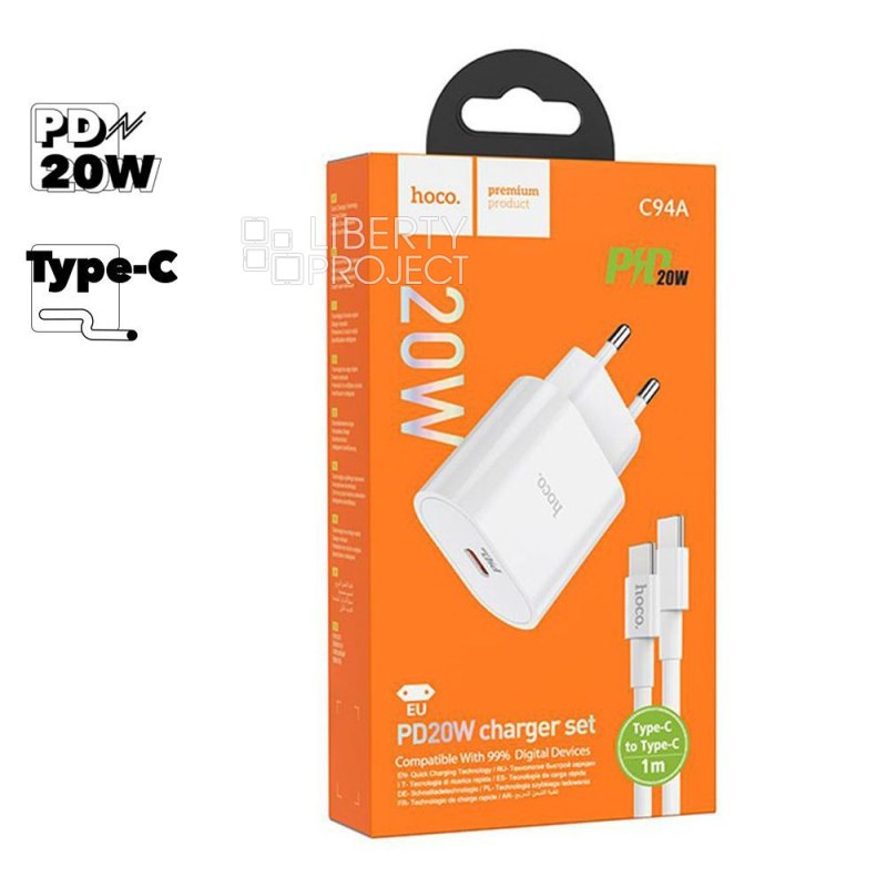 СЗУ HOCO C94A Metro 1xUSB-C, 3А, PD20W + USB-C кабель Type-C, 1м (белый)