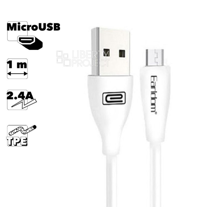 USB кабель Earldom EC-087M MicroUSB, 2.4А, 1м, TPE (белый)