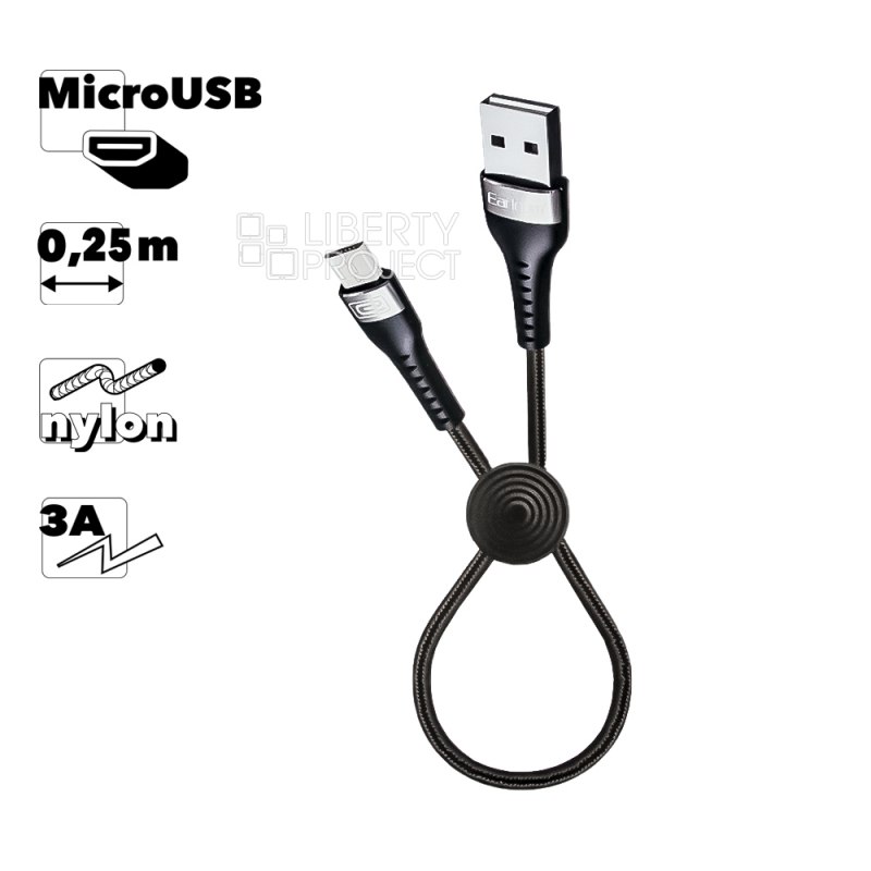USB кабель Earldom EC-094M MicroUSB, 3А, 0.25м, нейлон (черный)