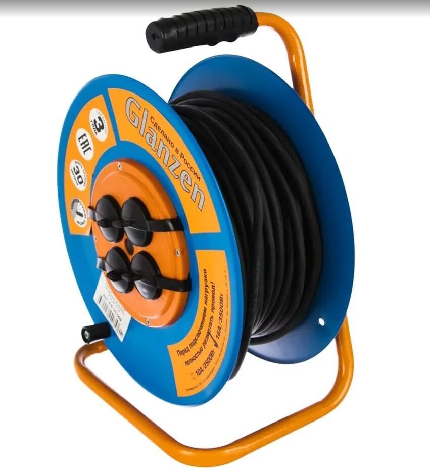Удлинители GLANZEN EB-30-009, на катушке, с/з, 4 роз- 30м