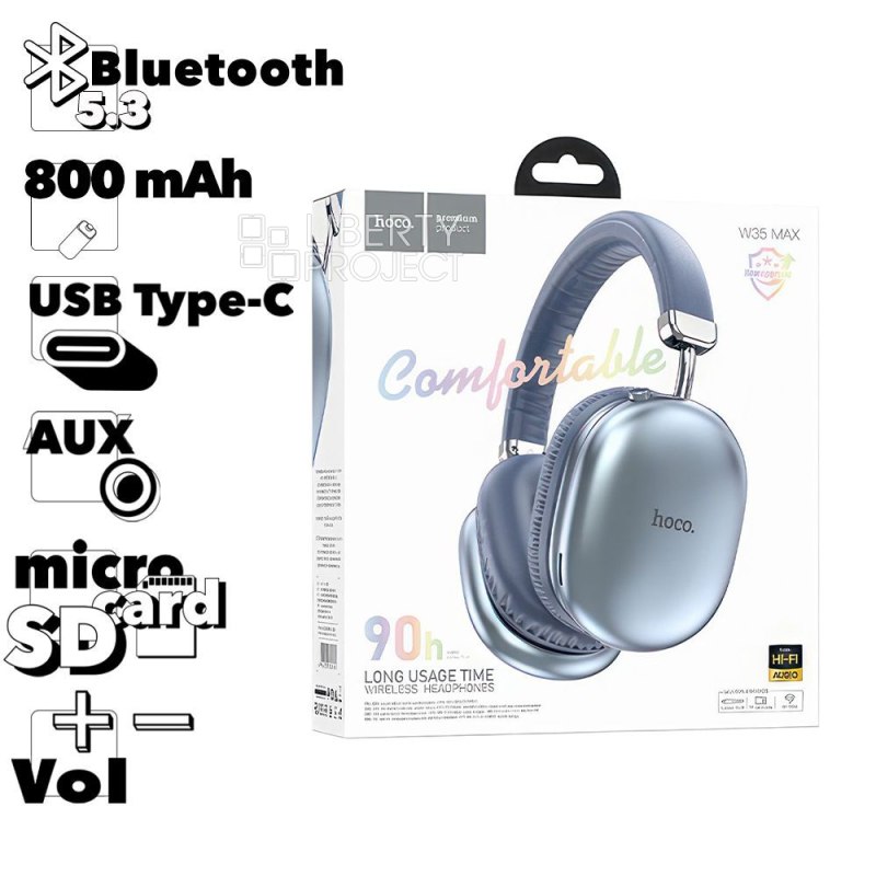Bluetooth гарнитура HOCO W35 Max Joy BT5.3, 3.5мм, MicroSD, накладная, громкость +/- (синий)