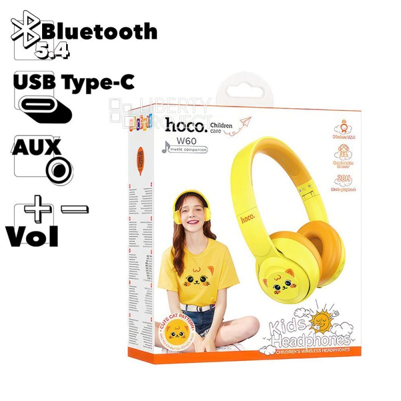 Bluetooth гарнитура HOCO W60 Rhyme BT 5.4, накладная, AUX, громкость +/-, детская, "котик" (желтый)