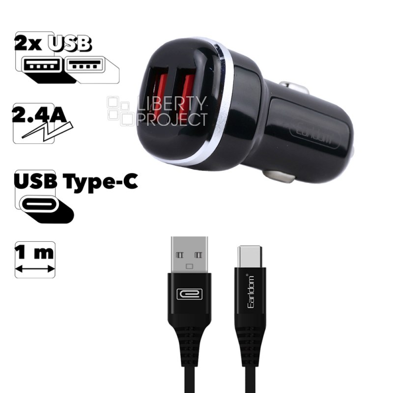 АЗУ Earldom ES-138C 2xUSB, 2.4A + кабель Type-C, 1м (черный)
