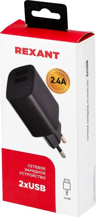 REXANT (16-0283) Сетевое зарядное устройство REXANT 2 x USB, 5V, 2.4 A, черное