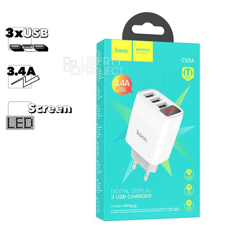 СЗУ HOCO C93A Easy Charge 3xUSB, 3.4А, LED дисплей (белый)