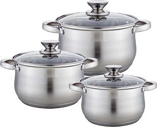 WEBBER BE-614/6 Набор посуды из нерж.стали 6 пр. 2,1л, 2,9л, 3,9л со стеклянными крышками