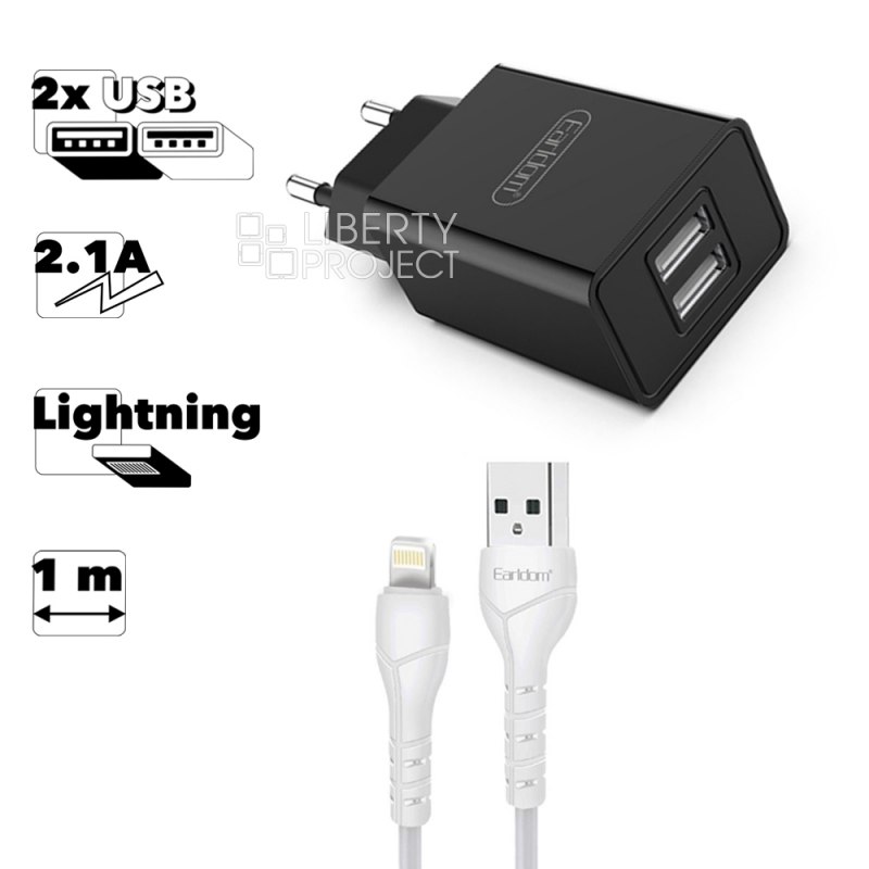 СЗУ Earldom ES-194I 2xUSB, 2.1А + кабель Lightning 8-pin, 1м (черный)