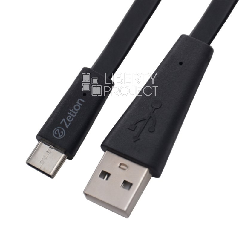 USB кабель Zetton USB SyncCharge Flat Wide Data Cable USB to USB-C плоский пластиковые разьемы (черный) ZTUSBFWBUC