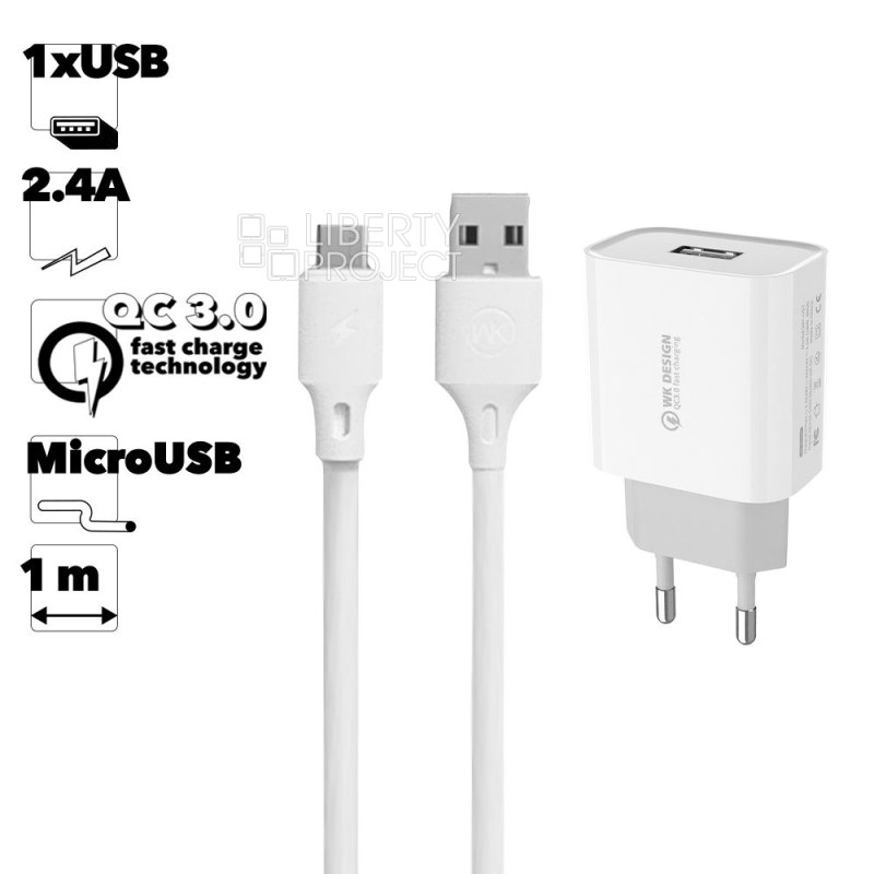 СЗУ WK Maxspeed WP-U57m 1xUSB, QC 3.0, 2.4А + кабель MicroUSB, 1м (белый)