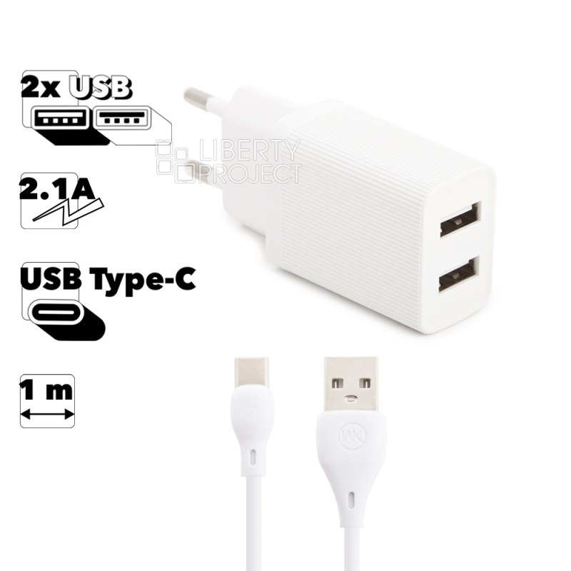 СЗУ WK Kingkong WP-U79a 2xUSB, 2.1А + кабель Type-C, 1м (белый)