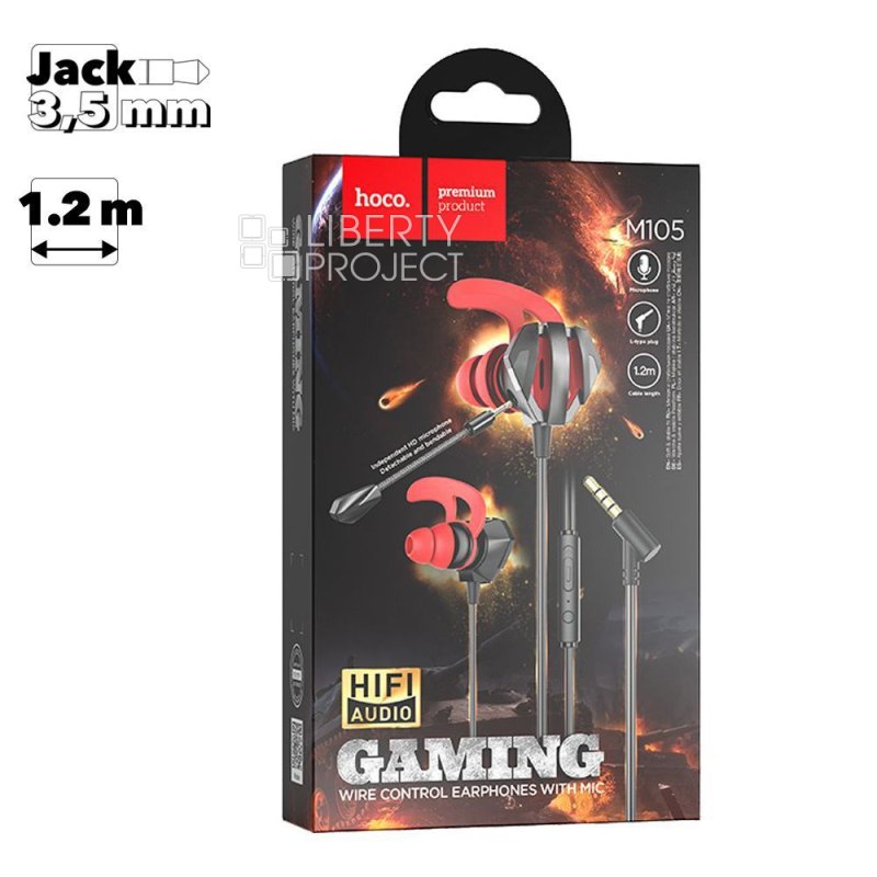 Гарнитура игровая HOCO M105 Sharp 3.5мм, 1.2м, внутриканальная (черный/красный) мятая (0L-00057353)