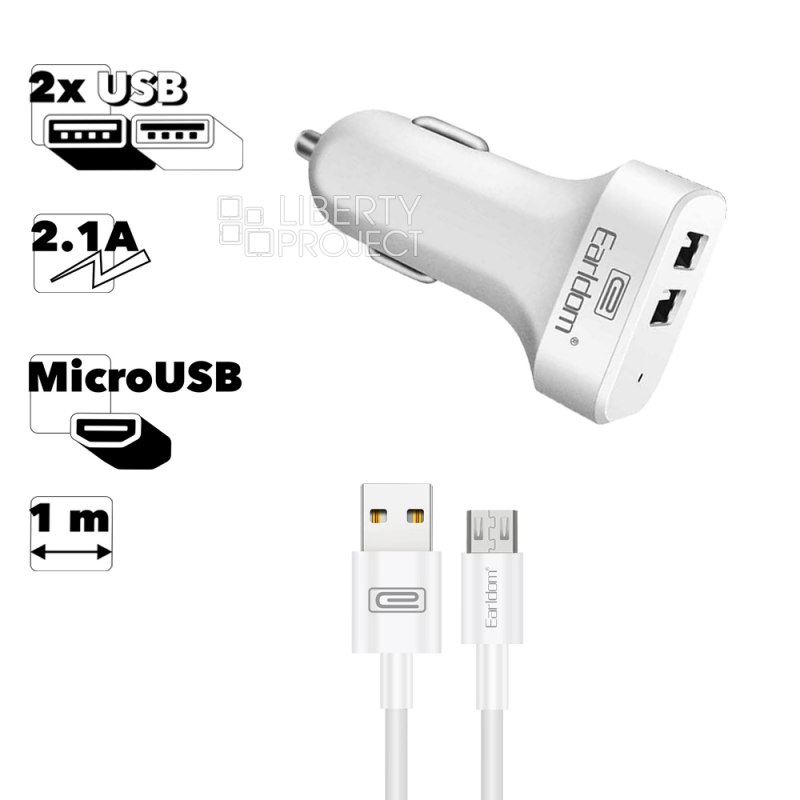 АЗУ Earldom ES-131M 2xUSB, 2.1A + кабель MicroUSB, 1м (белый)