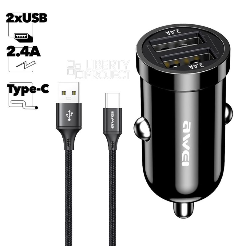 АЗУ AWEI C-826T 2xUSB, 2.4А + USB кабель Type-C, 1м (черный)