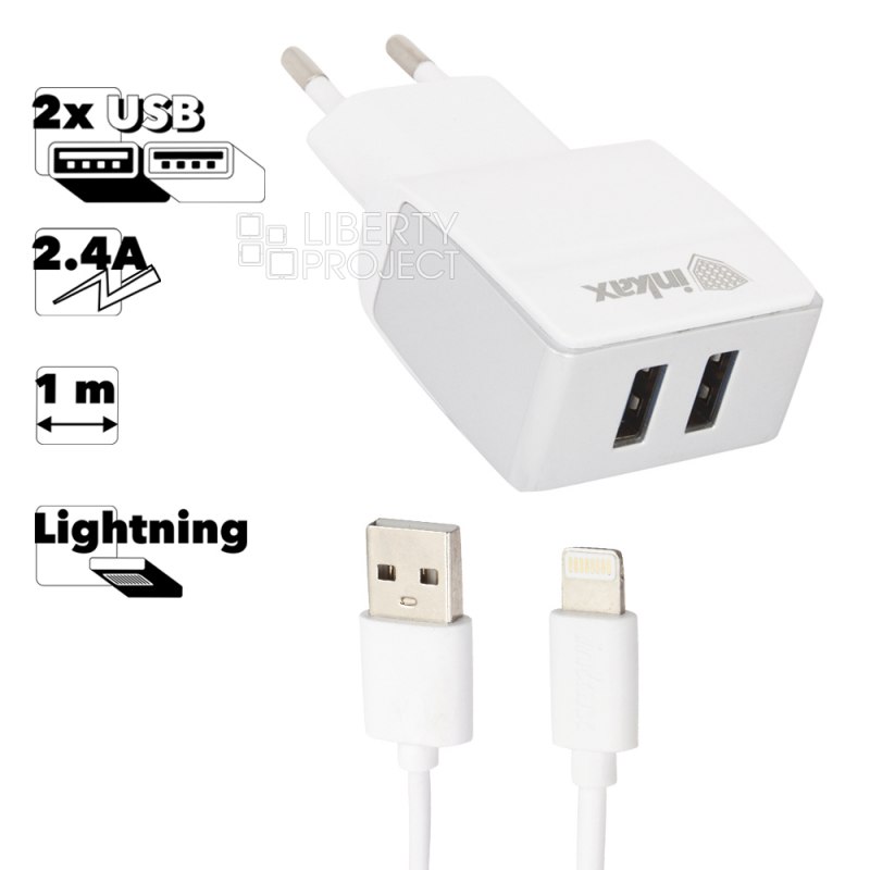 СЗУ inkax CD-23 Superior 2xUSB, 2.4А + кабель Lightning 8-pin 1м (белый)