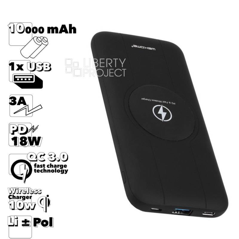 Внешний АКБ WK WP-133 Meji Pro 10000 mAh, 1xUSB, 3А, QC 3.0, PD 18W, Qi 10W, Li-Pol (черный)