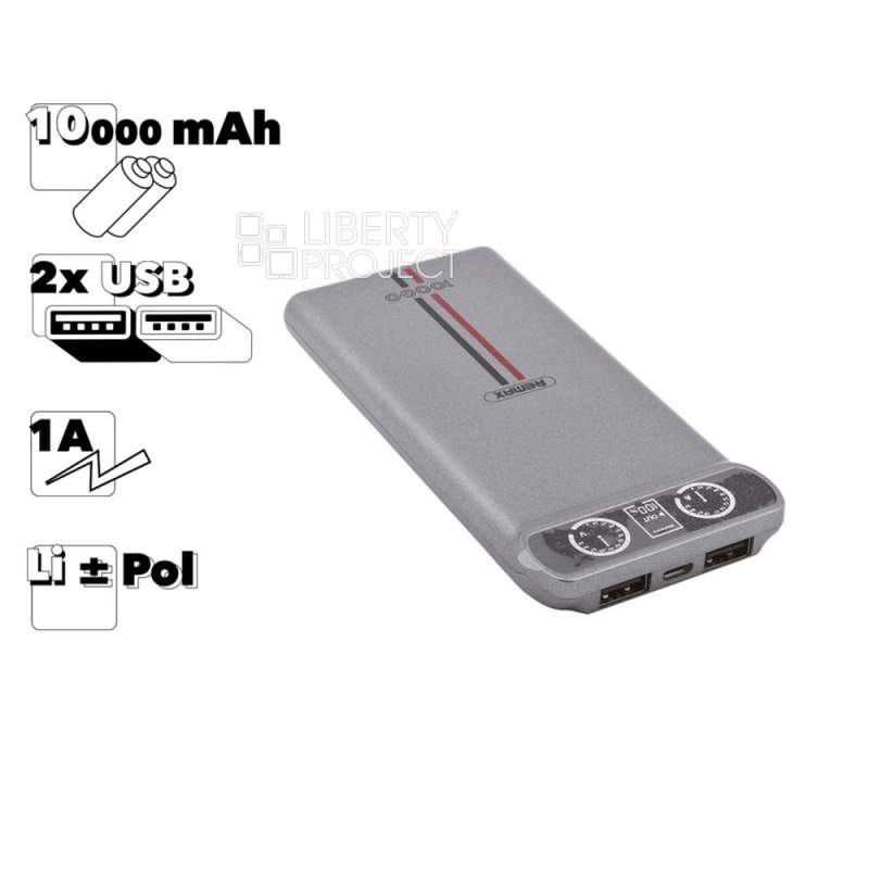 Внешний АКБ REMAX RPP-18 Kingree 10000mAh, 2xUSB, 1А, Li-Pol (серый)