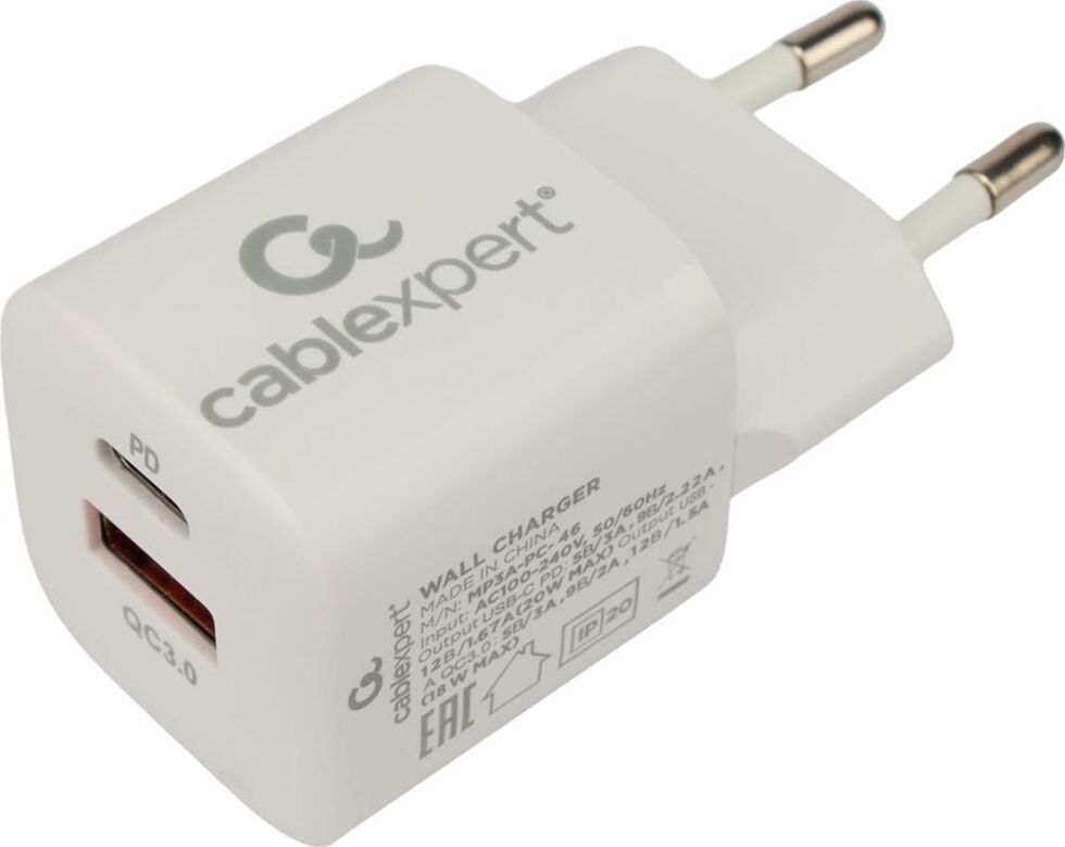 СЗУ CABLEXPERT (21079) MP3A-PC-46, QC3.0/PD, 2 порта: USB и Type-C, белый, пакет