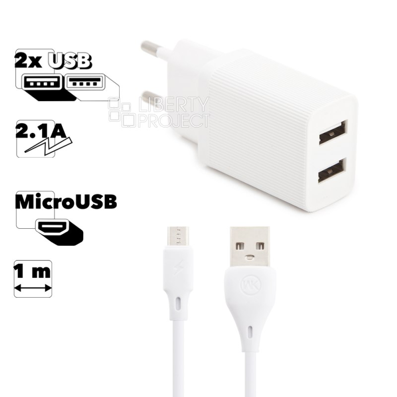 СЗУ WK Kingkong WP-U79m 2xUSB, 2.1А + кабель MicroUSB, 1м (белый)