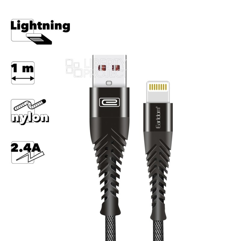 USB кабель Earldom EC-061I Lightning 8-pin, 2.4А, 1м, нейлон (черный)