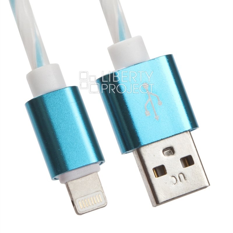 USB кабель "LP" для Lightning 8-pin витая пара с металл. разъемами 1м. (белый с голубым/европакет)