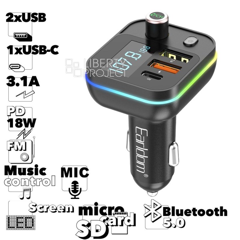АЗУ Earldom ET-M87 2A1C, QC3.0 3.1A, PD20W, BT5.0, USB, RGB, LED, FM