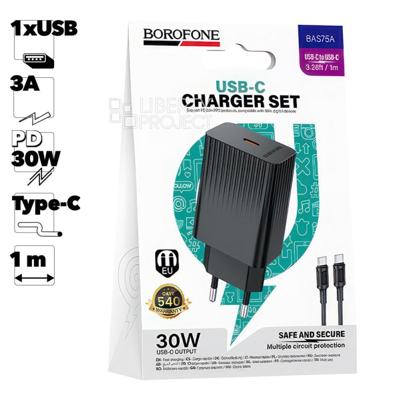 СЗУ BOROFONE BAS75A Source 1xUSB-C, 3А, PD30W + USB-C кабель Type-C, 1м (черный)