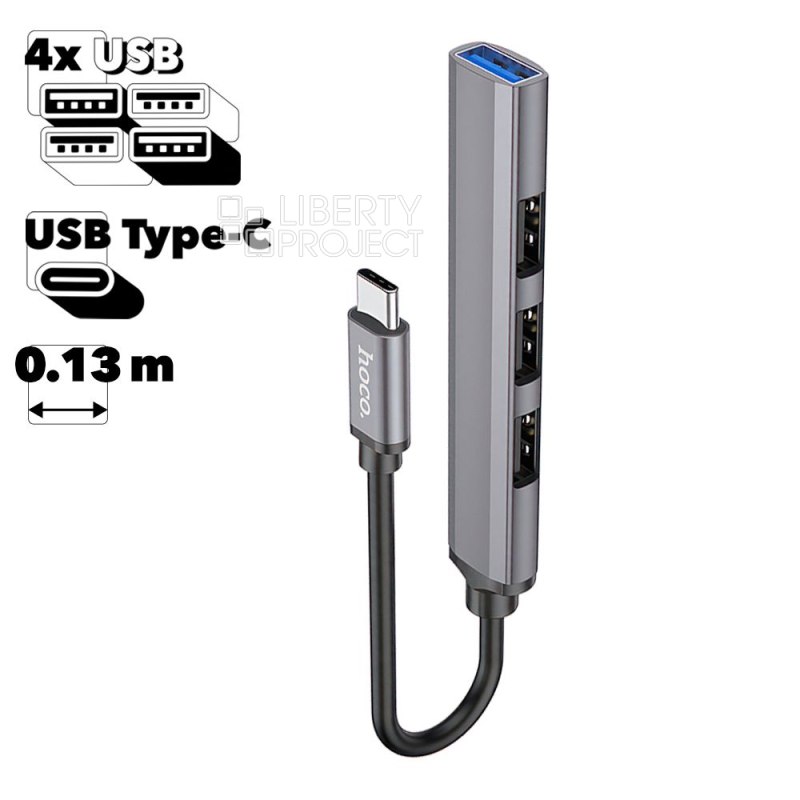 USB-C Хаб HOCO HB26 4 in 1 3хUSB 2.0 + 1xUSB 3.0 (серый) мятая