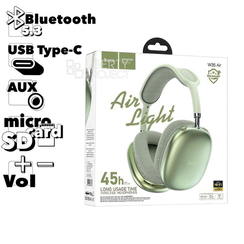 Bluetooth гарнитура HOCO W35 Air Triumph BT 5.3, AUX, microSD, накладная, громкость +/- (зеленый)