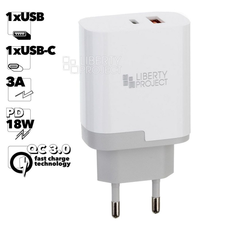 СЗУ LIBERTY PROJECT 1xUSB, 1xUSB-C, 3А, PD18W, QC3.0 (белый/коробка)