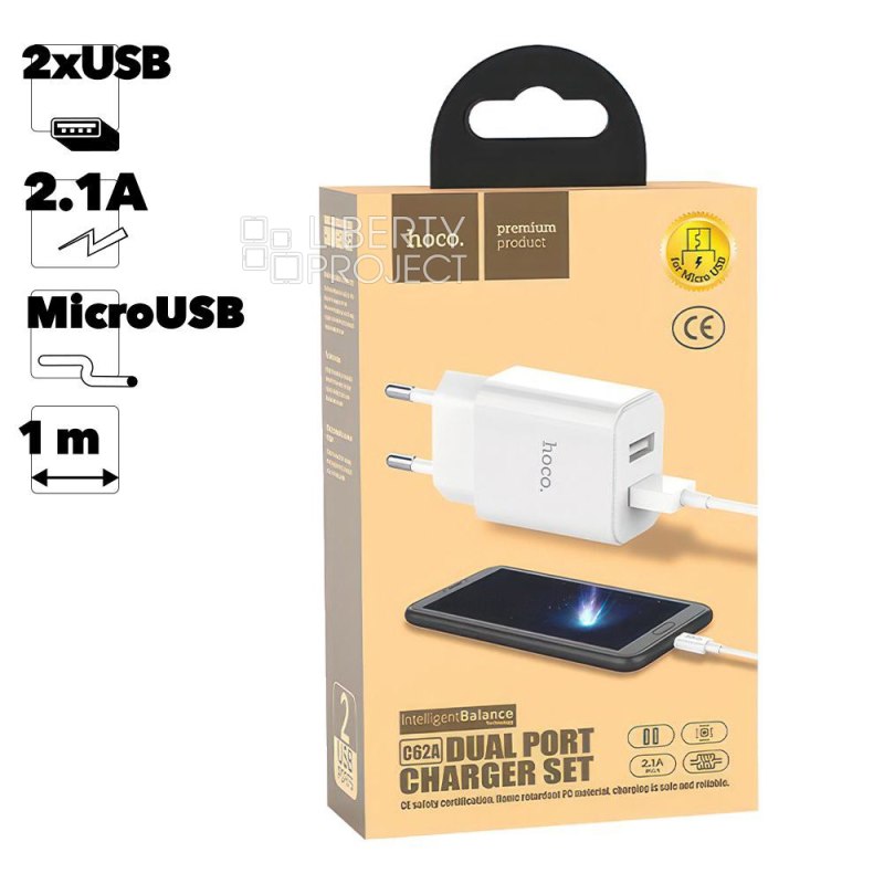 СЗУ HOCO C62A Victoria 2xUSB, 2.1А + USB кабель MicroUSB, 1м (белый)