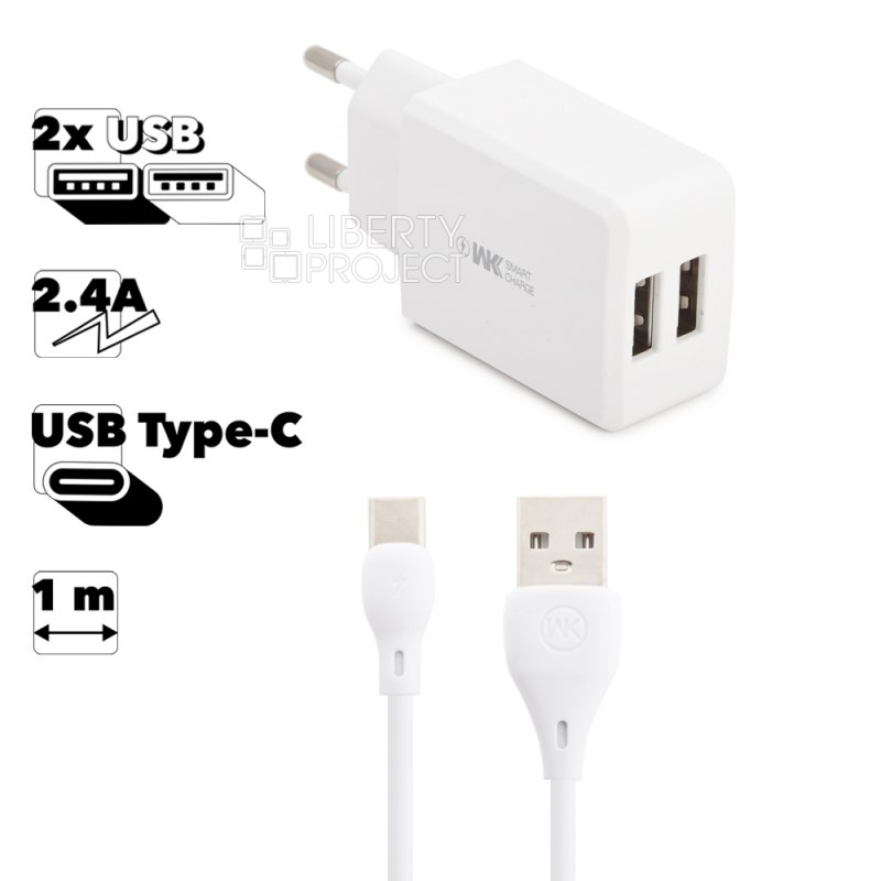 СЗУ WK Suda WP-U60a 2xUSB, 2.4А + кабель Type-C, 1м (белый)