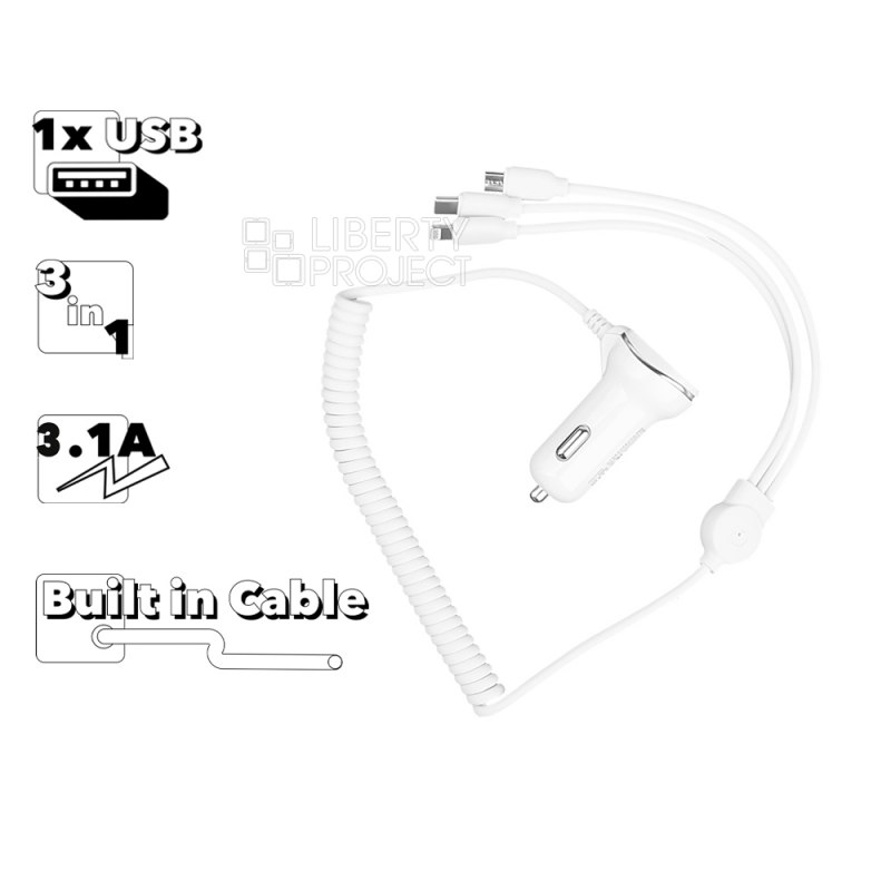 АЗУ WK Explorer ProWP-C24th 1xUSB, 3.1A+интегрированный кабель USB/MicroUSB/Lightning 8-pin (белый)