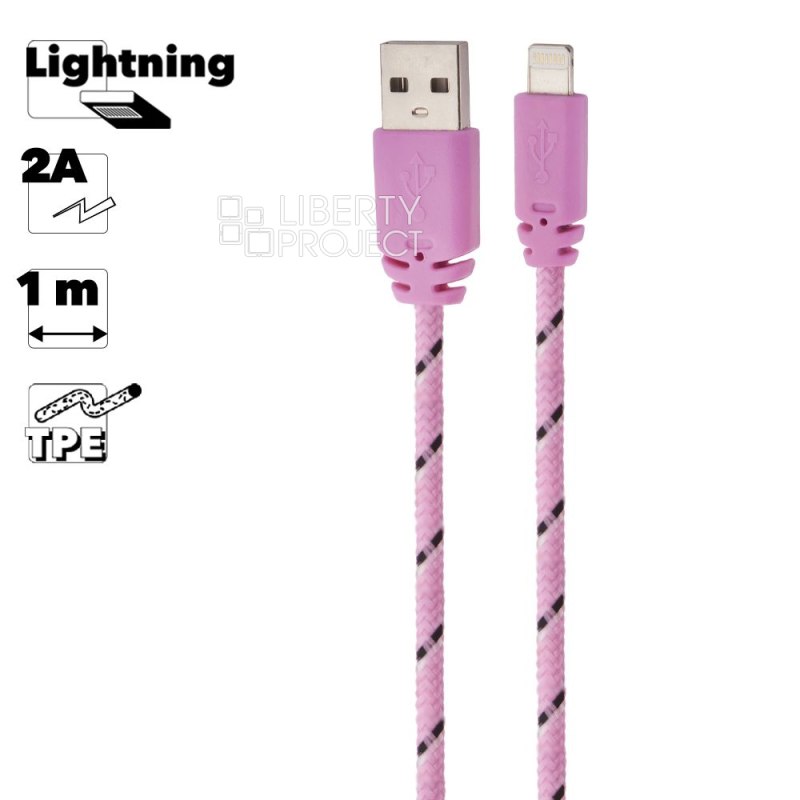 USB кабель "LP" для Apple iPhone/iPad Lightning 8-pin в оплетке (розовый/черный/коробка)