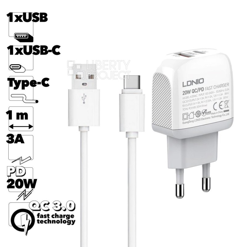 СЗУ LDNIO A2316C 1xUSB, 1xUSB-C, 3А, PD20W, QC3.0 + USB кабель Type-C, 1м (белый)