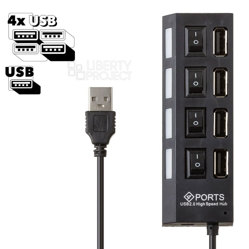 USB 2.0 HUB "LP" хаб на 4 USB с выключателями на каждый порт (черный)