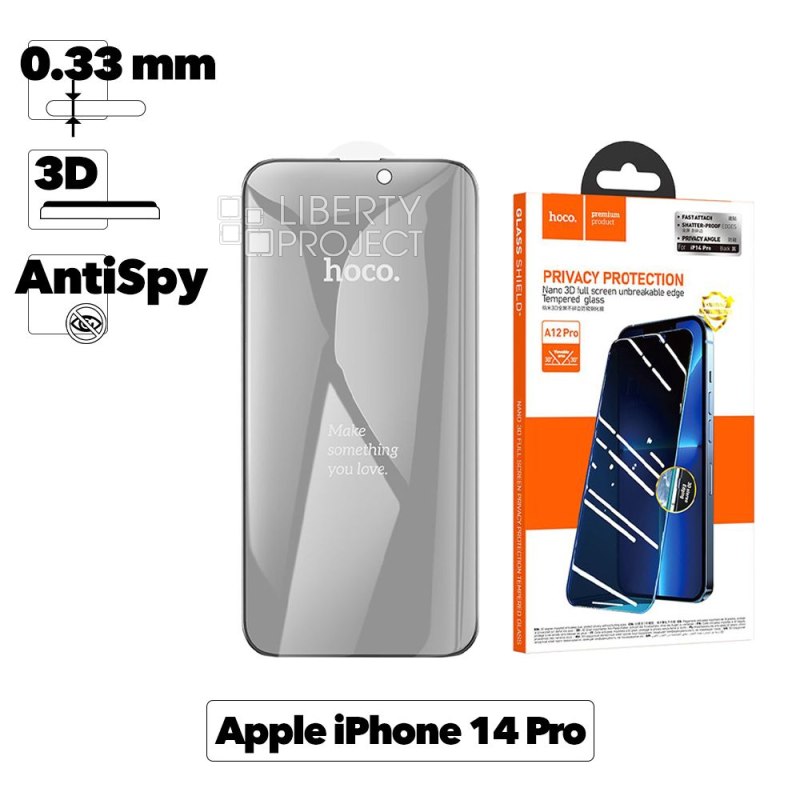 Защитное стекло HOCO A12 Pro для Apple iPhone 14 Pro, черная рамка, антишпион, 3D, прозрачное, 0.33мм
