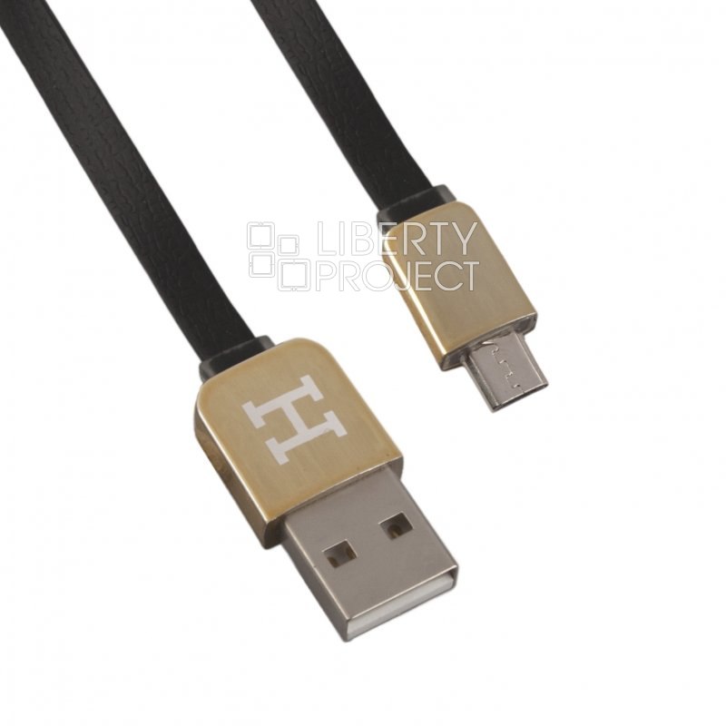 USB Дата-кабель "Hermes" Micro USB плоский (черный с золотым)
