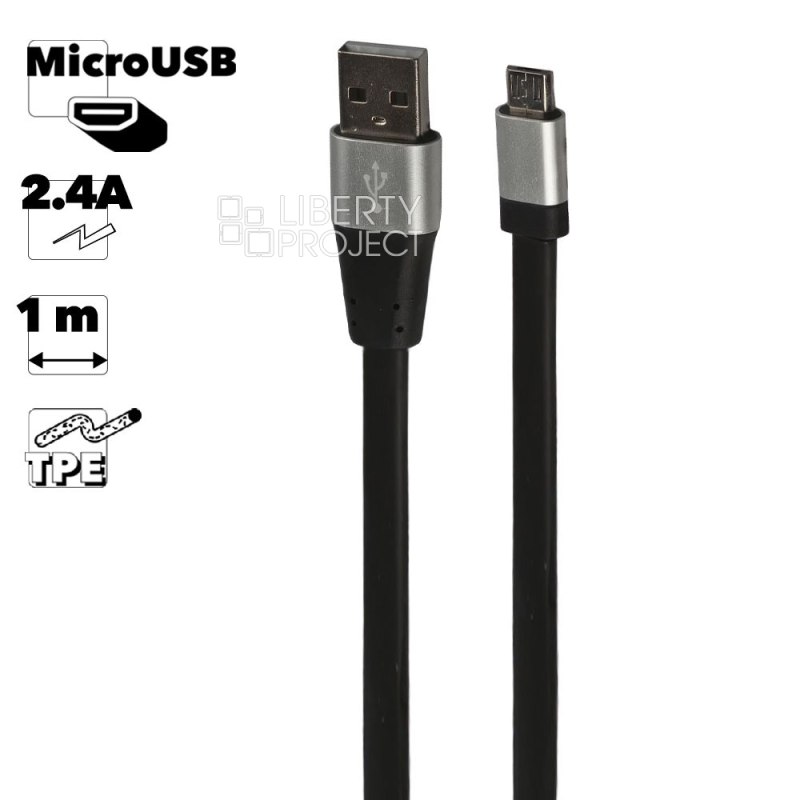 USB кабель "LP" Micro USB плоский, металлические разъемы, 1м. (черный/коробка)