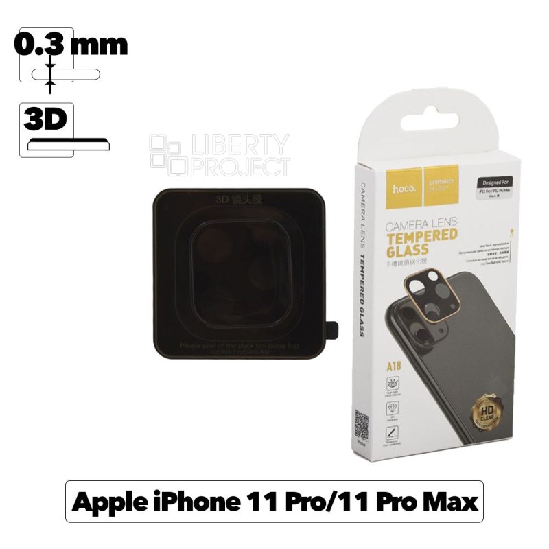 Защитное стекло HOCO A18 на камеру Apple iPhone 11 Pro/11 Pro Max, 3D, черная рамка, глянцевое, 0.3мм