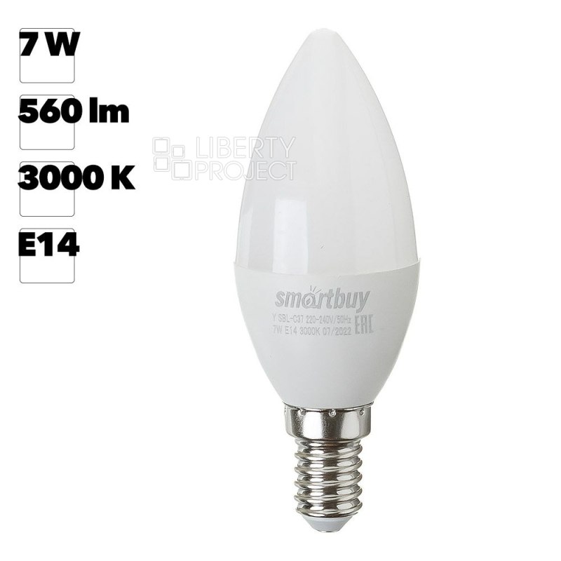 Светодиодная (LED) Лампа Smartbuy C37-07W/3000 теплый свет/ цоколь E14