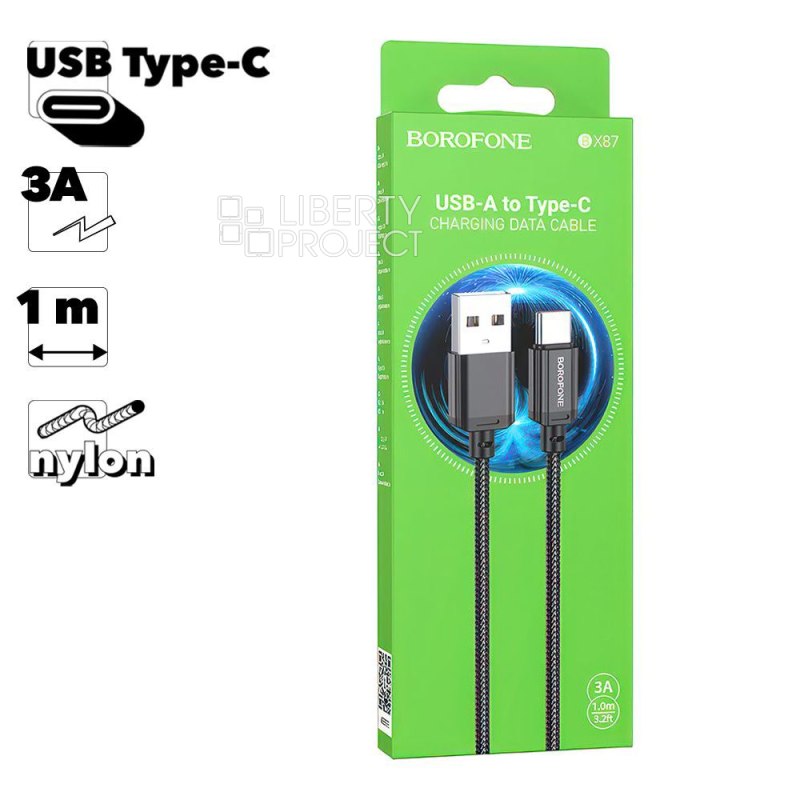USB кабель BOROFONE BX87 Sharp Type-C, 3А, 1м, нейлон (черный)