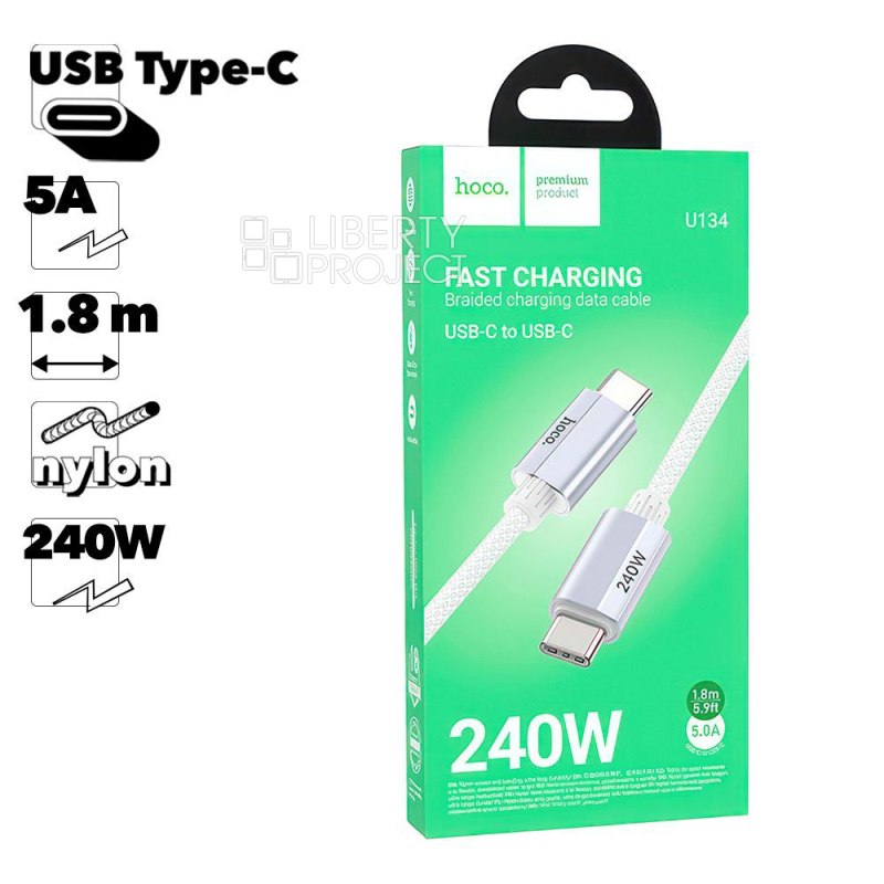 USB-C кабель HOCO U134 Primero Type-C, 5А, 240W, 1.8м, нейлон (серый)