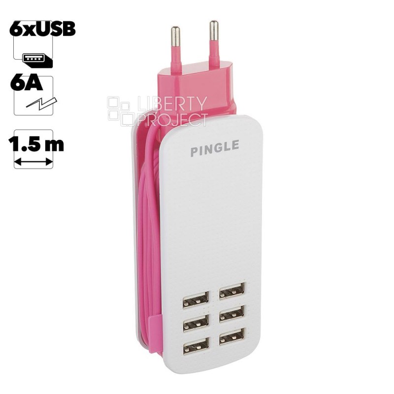 УСЗУ TRAVEL CHARGER 6 USB портов 6А провод 1,3 метра (розовое)
