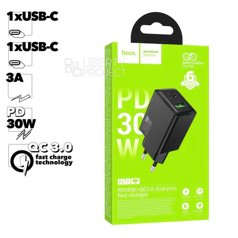 СЗУ HOCO N71 Nuevo 1xUSB, 1xUSB-C, 3А, PD30W, QC3.0 (черный)