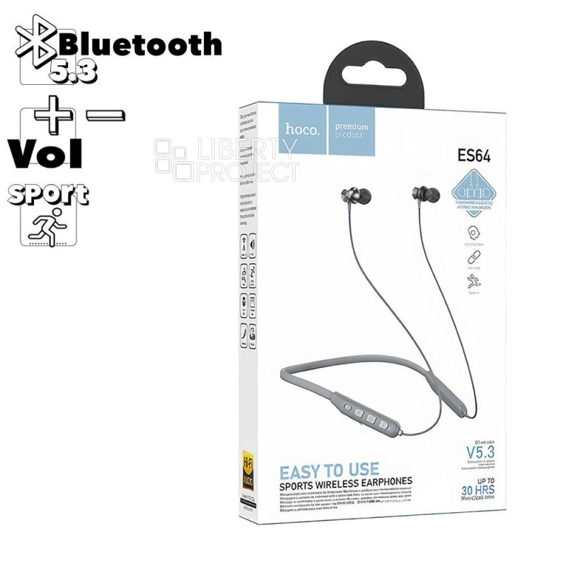 Bluetooth гарнитура HOCO ES64 Easy BT 5.3, внутриканальная, громкость +/-, спорт (серый)