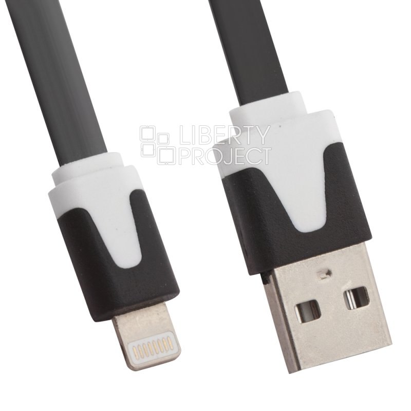USB кабель "LP" для Apple iPhone/iPad Lightning 8-pin плоский узкий (черный/европакет)
