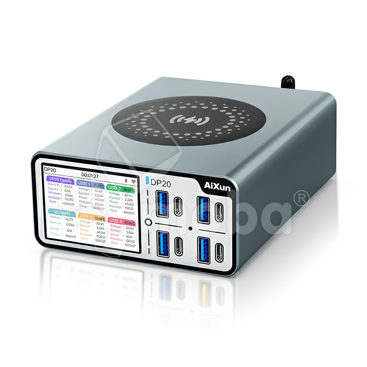 Зарядная станция Aixun DP20 (200W, 8 портов 4USB-QC3.0/4Type-C-PD, Qi 15W, LCD)